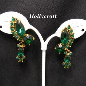 Vintage Hollycraft Green Rhinestone Earrings, Gold Plated Dangle, 1960s